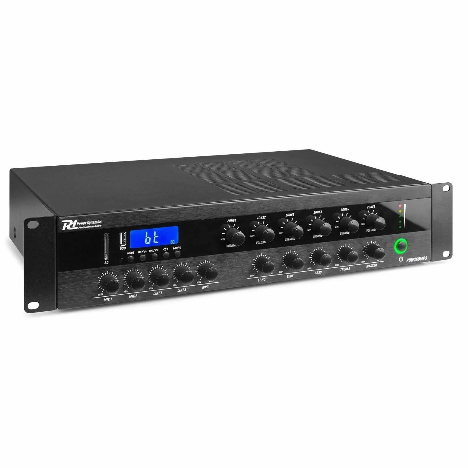 Power Dynamics PDW360MP3 - Amplificador, Mezclador, Amplificador de 6 Zonas, 360 vatios, Bluetooth, MP3, línea de 100 V, entradas RCA, Entrada de micrófono, EQ de 3 Bandas, Amplificador Multi-Zona