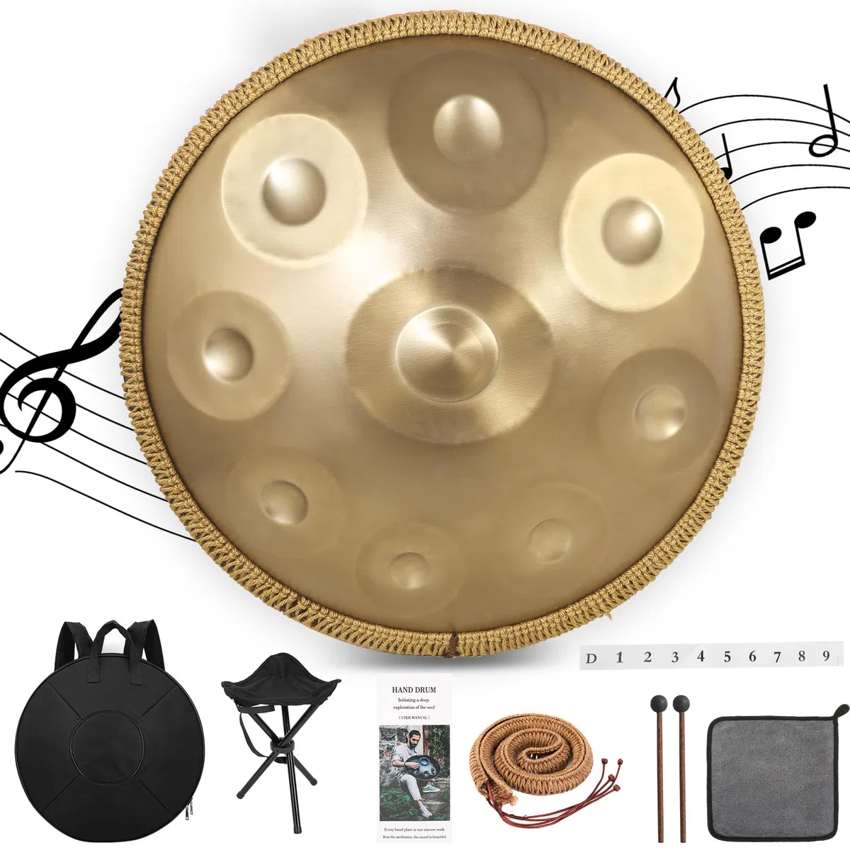 Handpan, 22 pulgadas 9 notas 440 Hz Oro Acero Tambor de Lengua en Re Menor Handpan Drum para Yoga, Meditación con Baquetas de Bolso, Soporte de Tambor