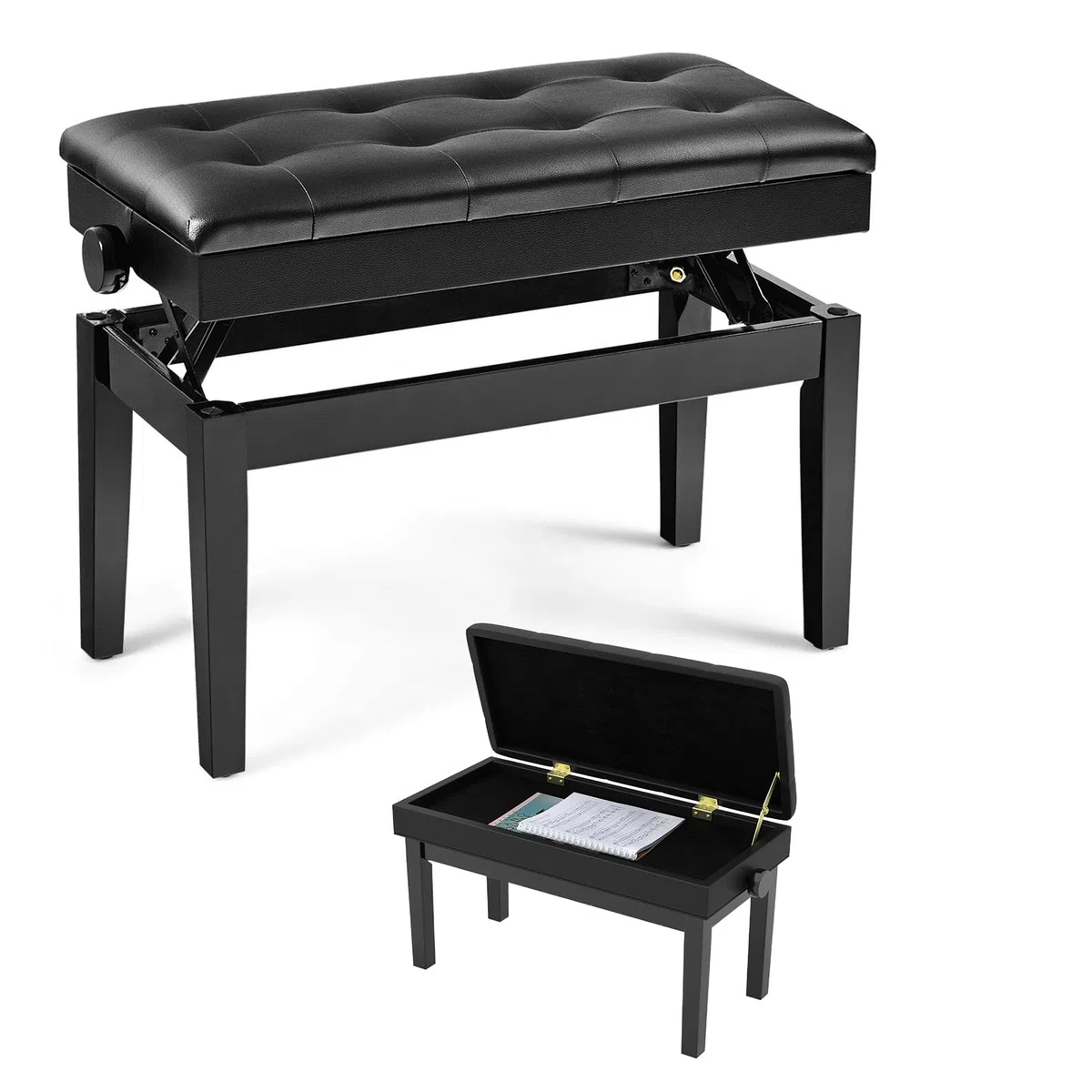 LIFEZEAL Taburete Doble para Piano, Banco de Piano de Altura Ajustable, Banqueta de Piano con Caja de Almacenamiento Oculto, Asiento de Piano de Piel sintética, Marco de Madera Maciza, Negro