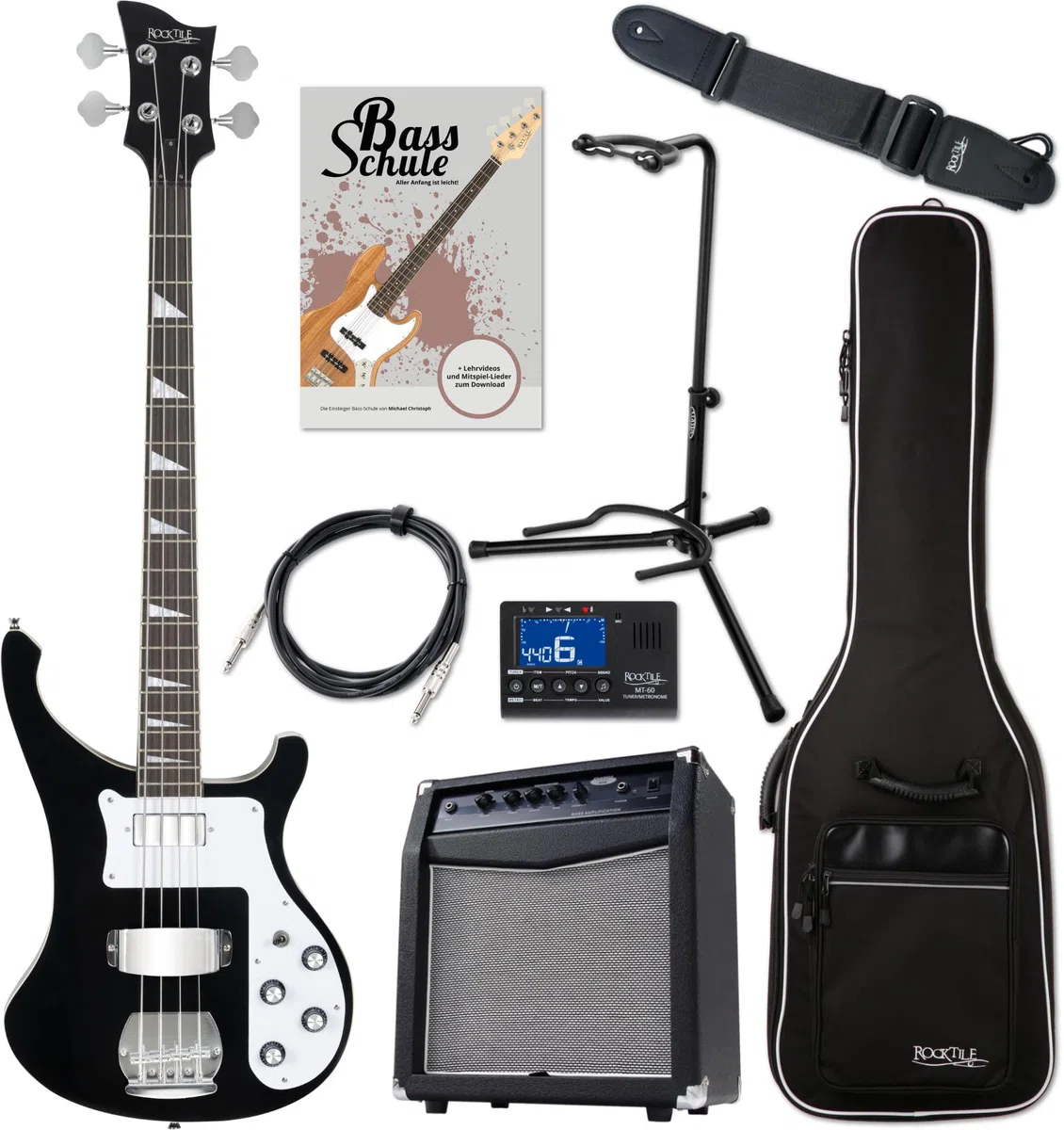Rocktile Pro RB-400B Blackbird E-Bass Black Super Set, Bajo, Cuerpo: tilo | Serie Rocktile Pro, Modelo especial Rockin', Mástil: arce, Diapasón: palisandro, Incrustaciones: perla sintética, 20 trastes