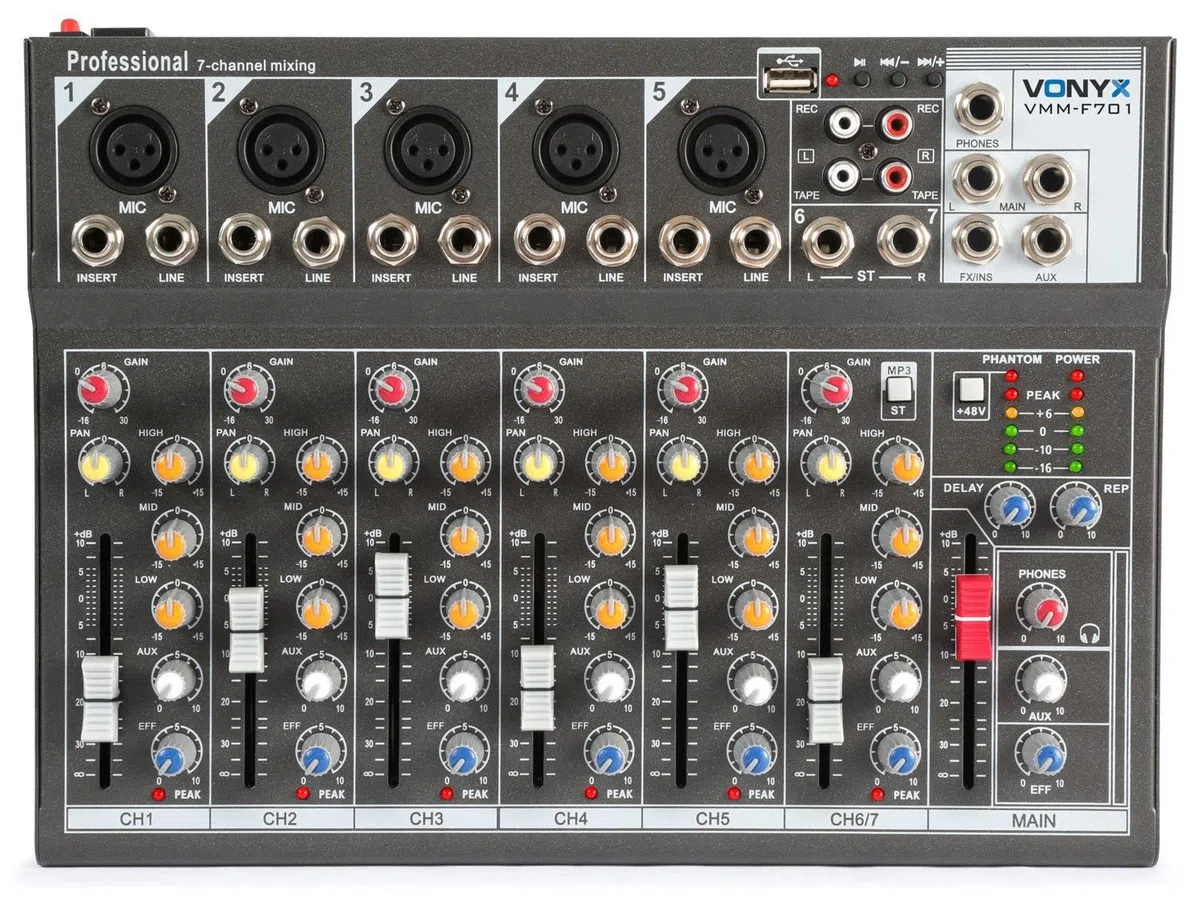 Vonyx VMM-F701 Mesa de mezclas de 7 canales con USB, 5 entrada de micrófono jack/XLR, 2 entradas jack, salida máster con Jack, Bluetooth, phantom +48v, salida de auriculares, efecto delay