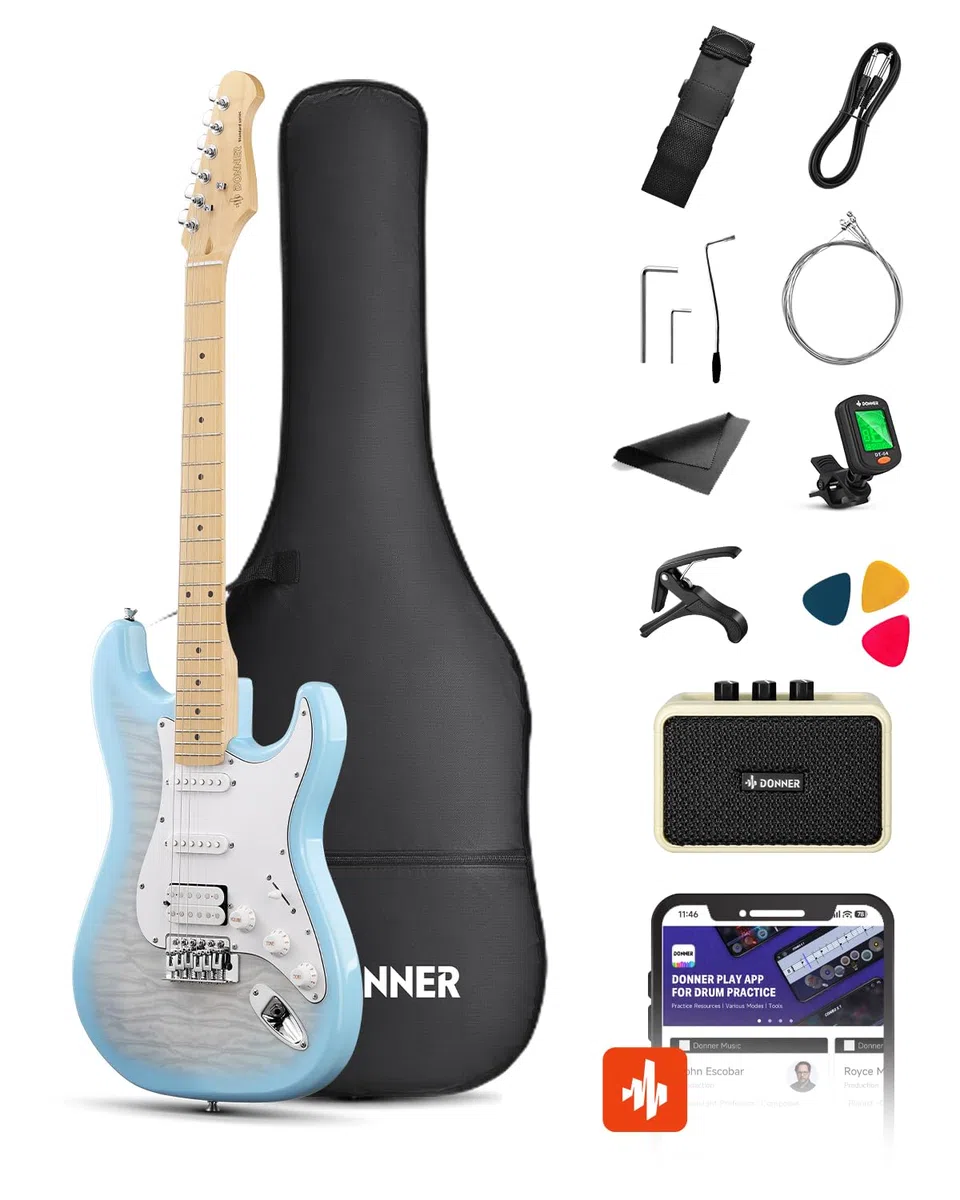 Donner DST-90 Guitarra Eléctrica 39 Pulgadas, Kit de Guitarra Eléctrica para Principiantes con Amplificador, Pastillas HSS, Funda, Afinador, Cejilla, Correa, Cuerdas, Cable y Púas, Plumbago Burst