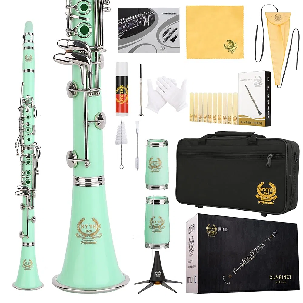 Rhythm Clarinete Bb con 17 teclas de níquel, banda de viento de madera e instrumentos musicales de orquesta para principiantes, incluye funda, soporte, 10 cañas y kit de limpieza, color verde