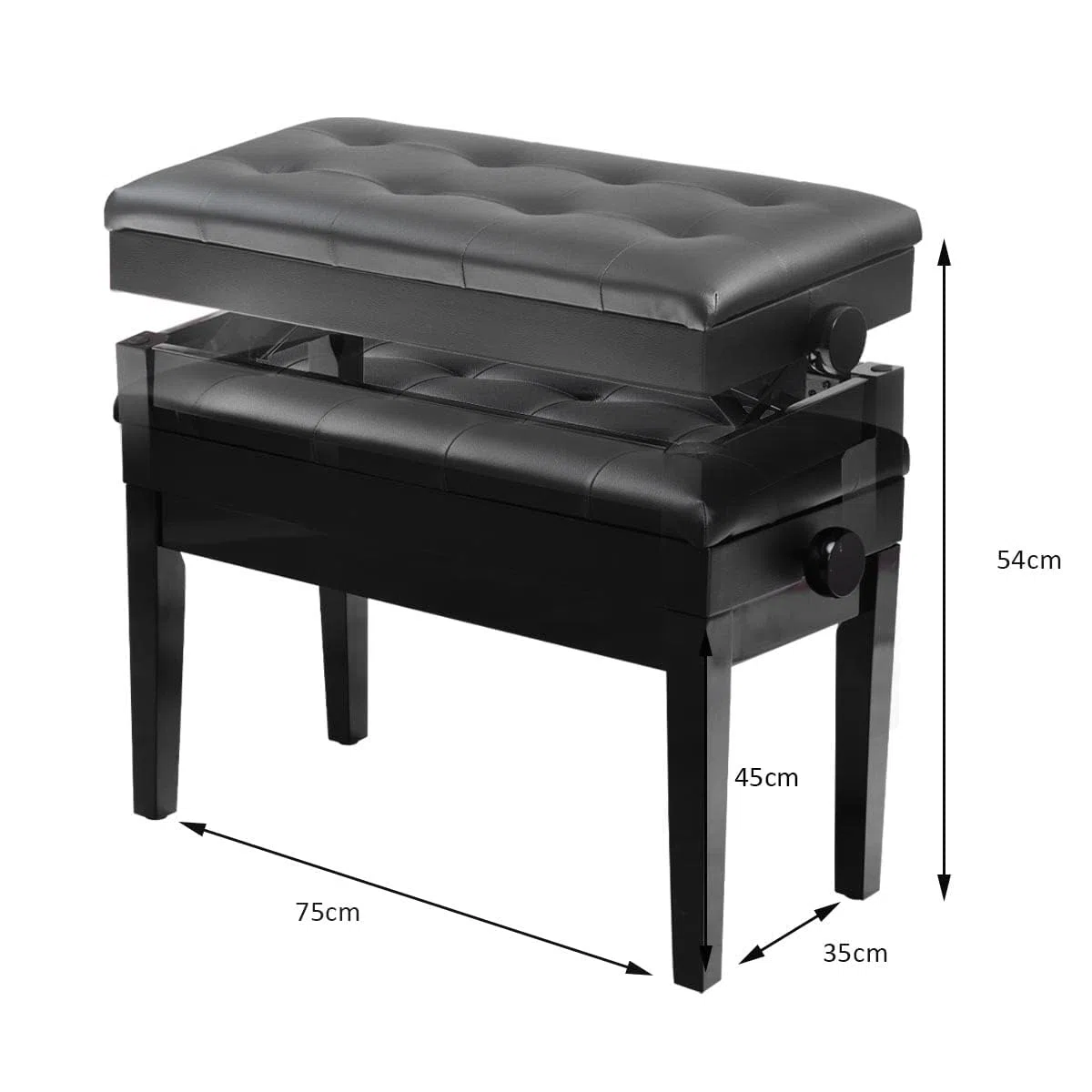 LIFEZEAL Taburete Doble para Piano, Banco de Piano de Altura Ajustable, Banqueta de Piano con Caja de Almacenamiento Oculto, Asiento de Piano de Piel sintética, Marco de Madera Maciza, Negro