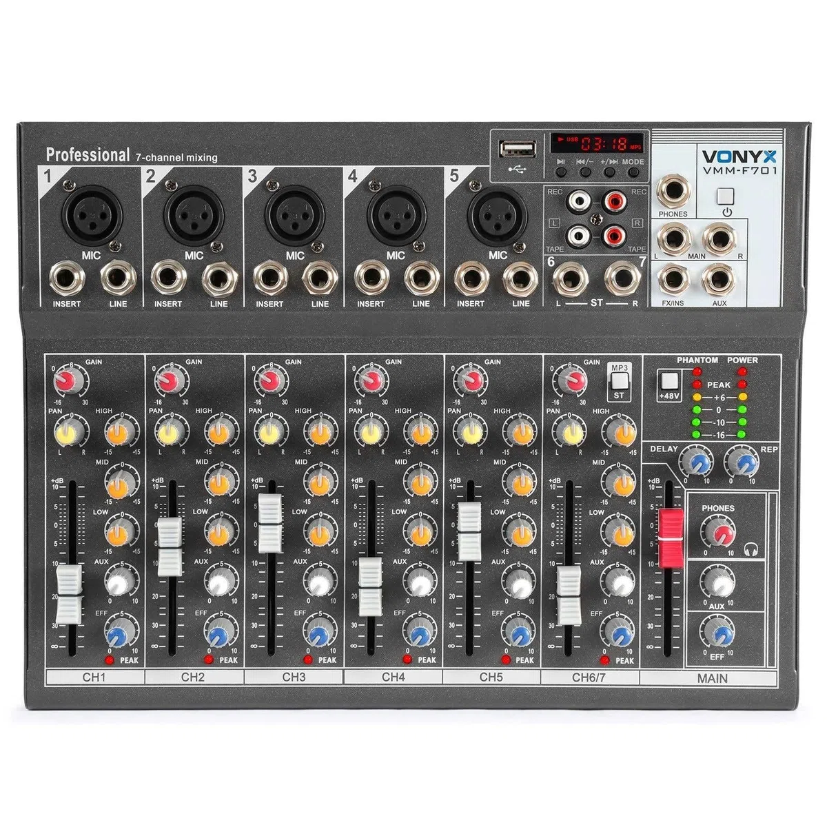 Vonyx VMM-F701 Mesa de mezclas de 7 canales con USB, 5 entrada de micrófono jack/XLR, 2 entradas jack, salida máster con Jack, Bluetooth, phantom +48v, salida de auriculares, efecto delay
