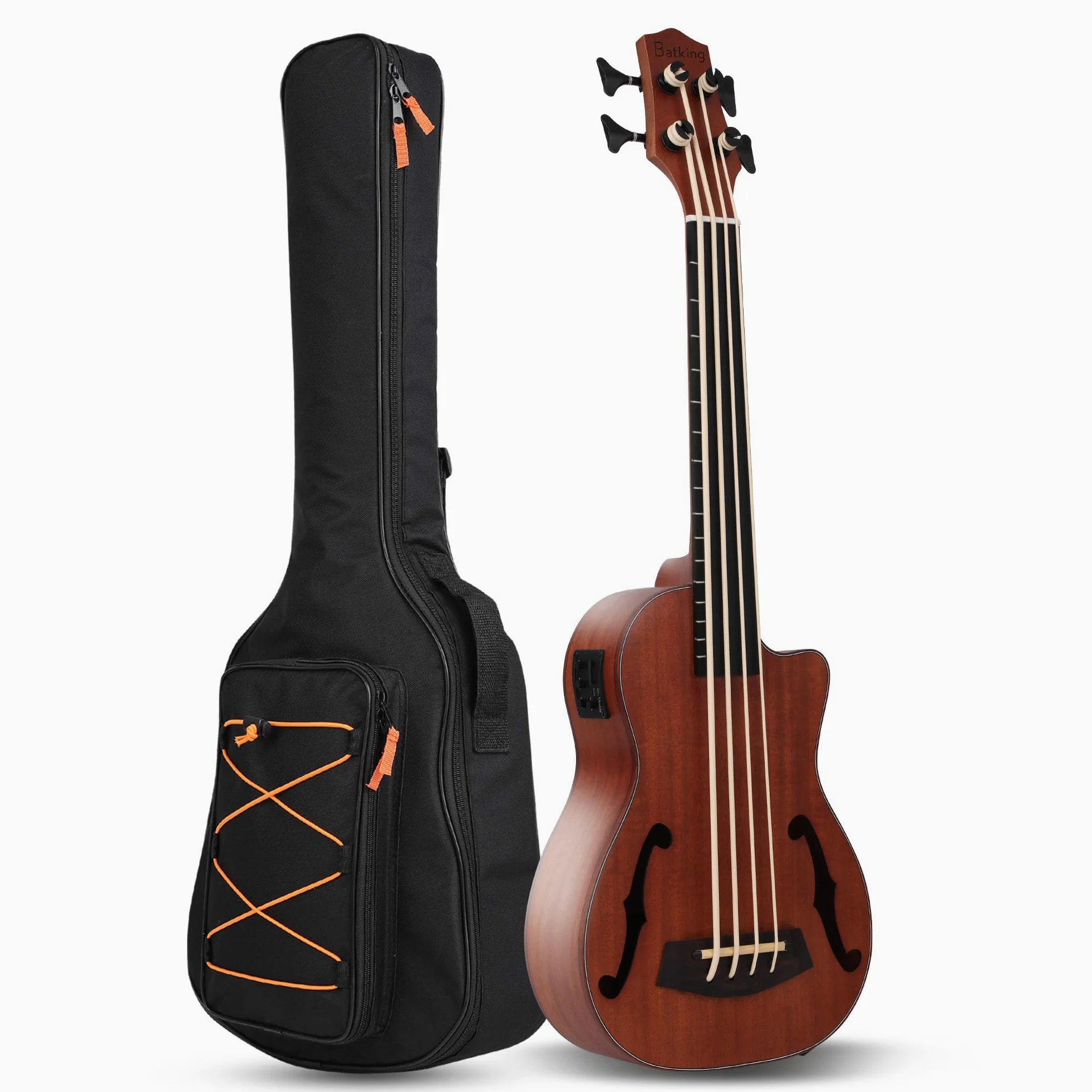 Batking Bajo Eléctrico, 76,2 cm Cutaway Bretless Bajo de Madera Eléctrico Acústico Bajo Ukelele Ukelele con EQ y Afinador Integrado con Orificios de Sonido F