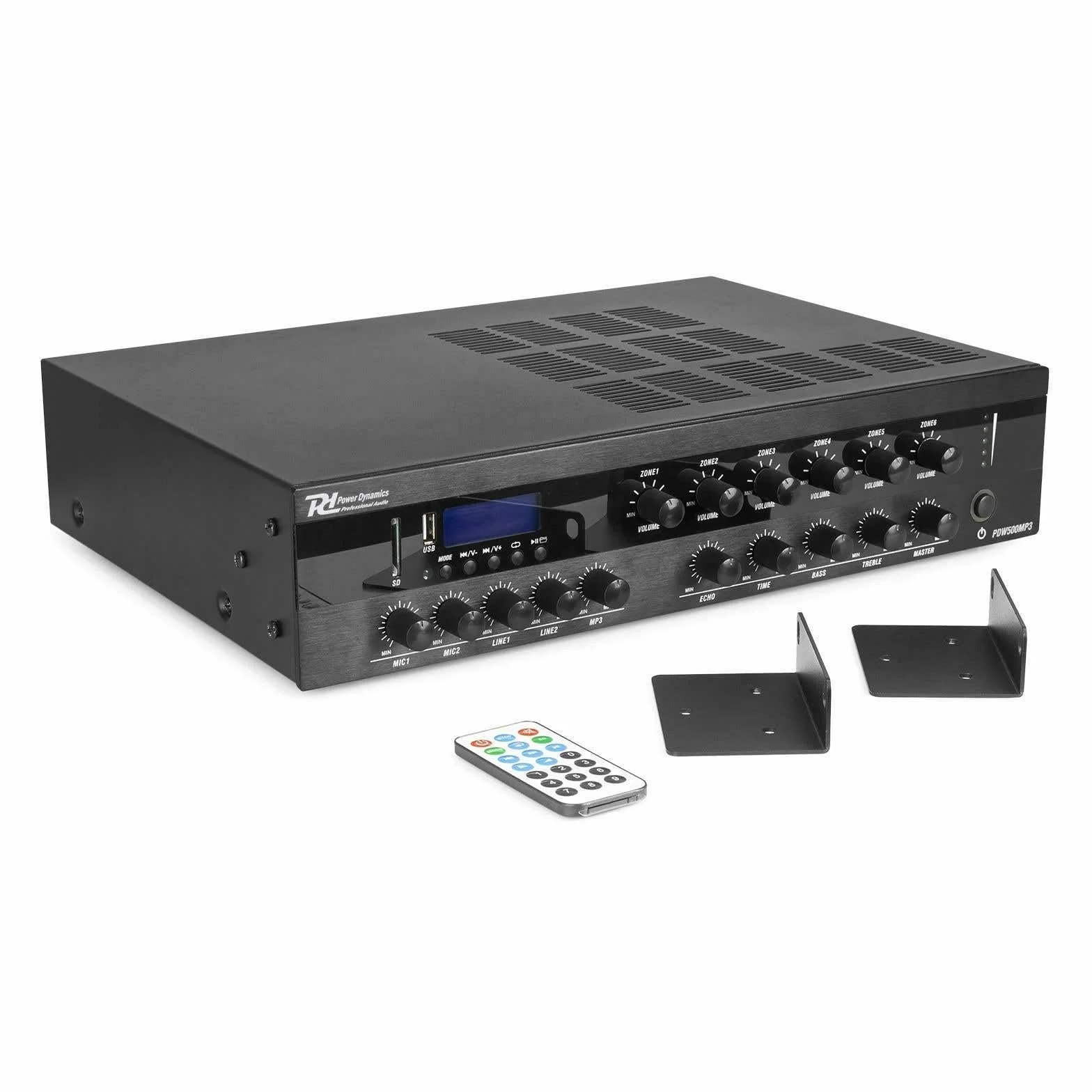 Power Dynamics PDW360MP3 - Amplificador, Mezclador, Amplificador de 6 Zonas, 360 vatios, Bluetooth, MP3, línea de 100 V, entradas RCA, Entrada de micrófono, EQ de 3 Bandas, Amplificador Multi-Zona