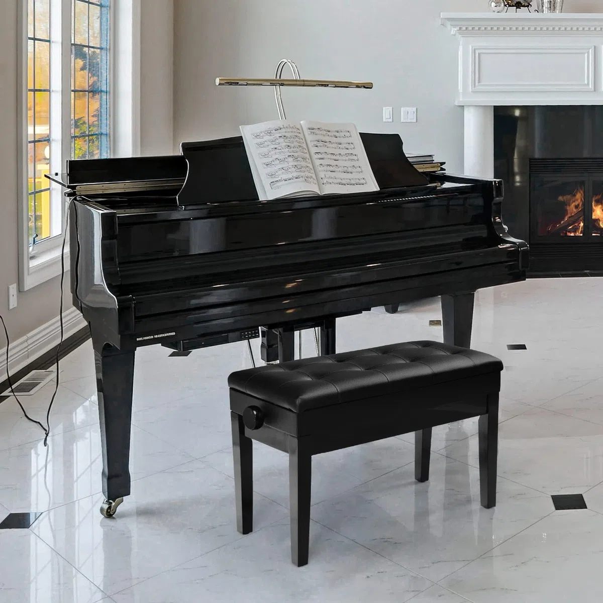 LIFEZEAL Taburete Doble para Piano, Banco de Piano de Altura Ajustable, Banqueta de Piano con Caja de Almacenamiento Oculto, Asiento de Piano de Piel sintética, Marco de Madera Maciza, Negro