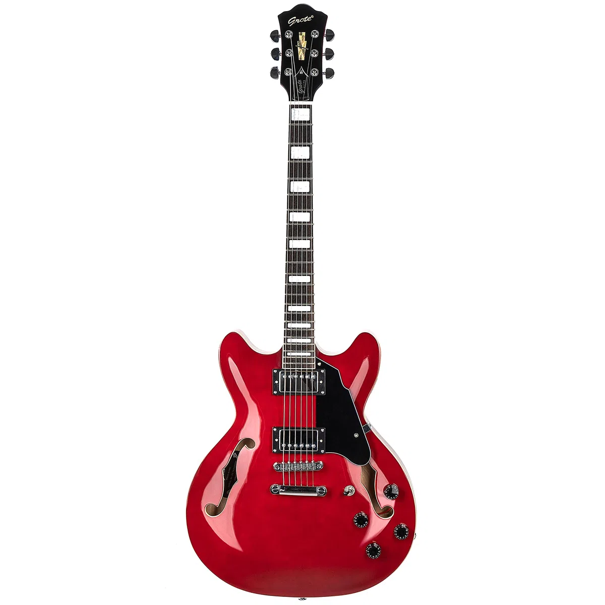 Grote Guitarra eléctrica a escala completa, cuerpo semihueco, trastes de acero inoxidable (rojo)