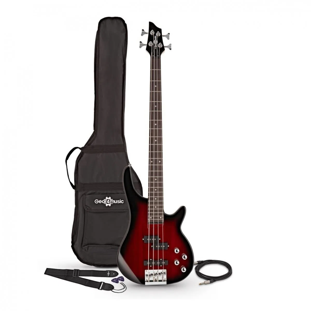 Guitarra de bajo Chicago de 4 cuerdas con funda y cable de Gear4music Red