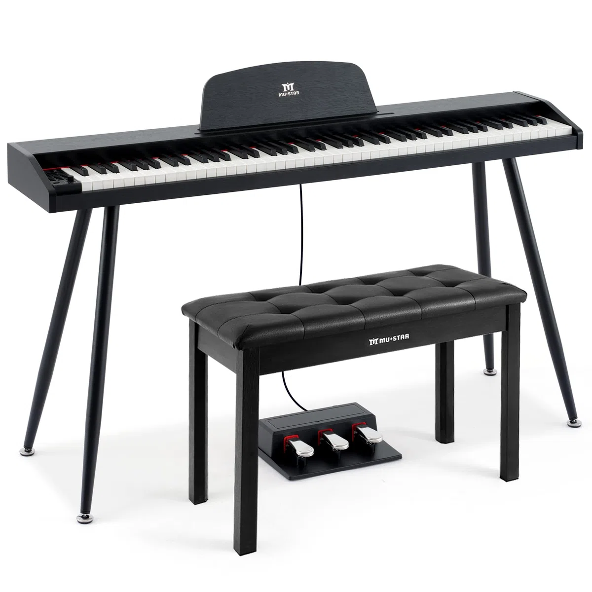 MUSTAR Piano Digital de 88 teclas con banco, teclado piano tamaño completo con 3 pedales, piano eléctrico portátil, piano digital para el hogar con MIDI-USB y soporte, negro