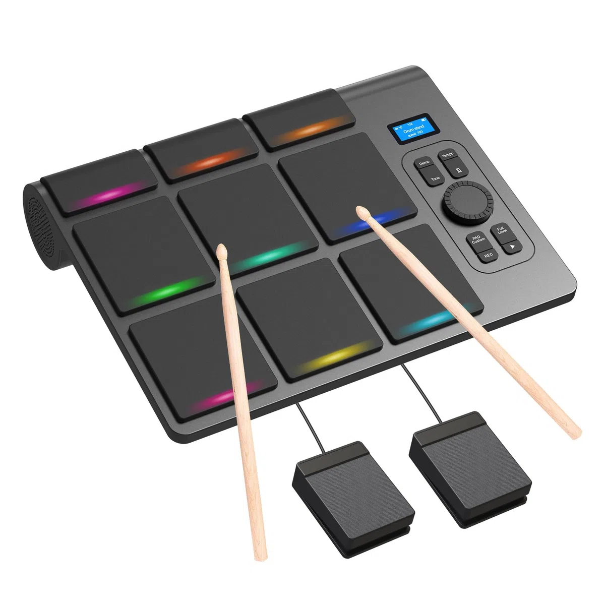 Batería electrónica de 9 almohadillas con LCD, altavoces estéreo duales y pedales | Set de batería de mesa portátil para principiantes y profesionales | Compatible con Bluetooth MIDI | Ideal para casa