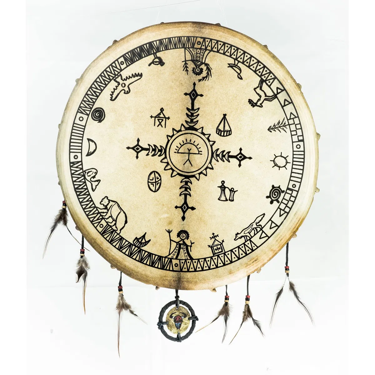 Tambor de chamán de 60 cm, estilo saami, diseño espiritual serigrafiado en piel de cabra y adornos de plumas para decoración y mazos