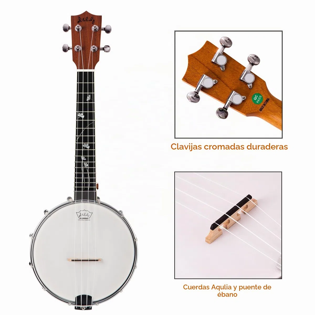 Banjo-ukelele Mulucky de 4 cuerdas, tamaño concierto, 23 pulgadas, parte trasera de madera maciza cerrada, con kit para principiantes - MBU-806