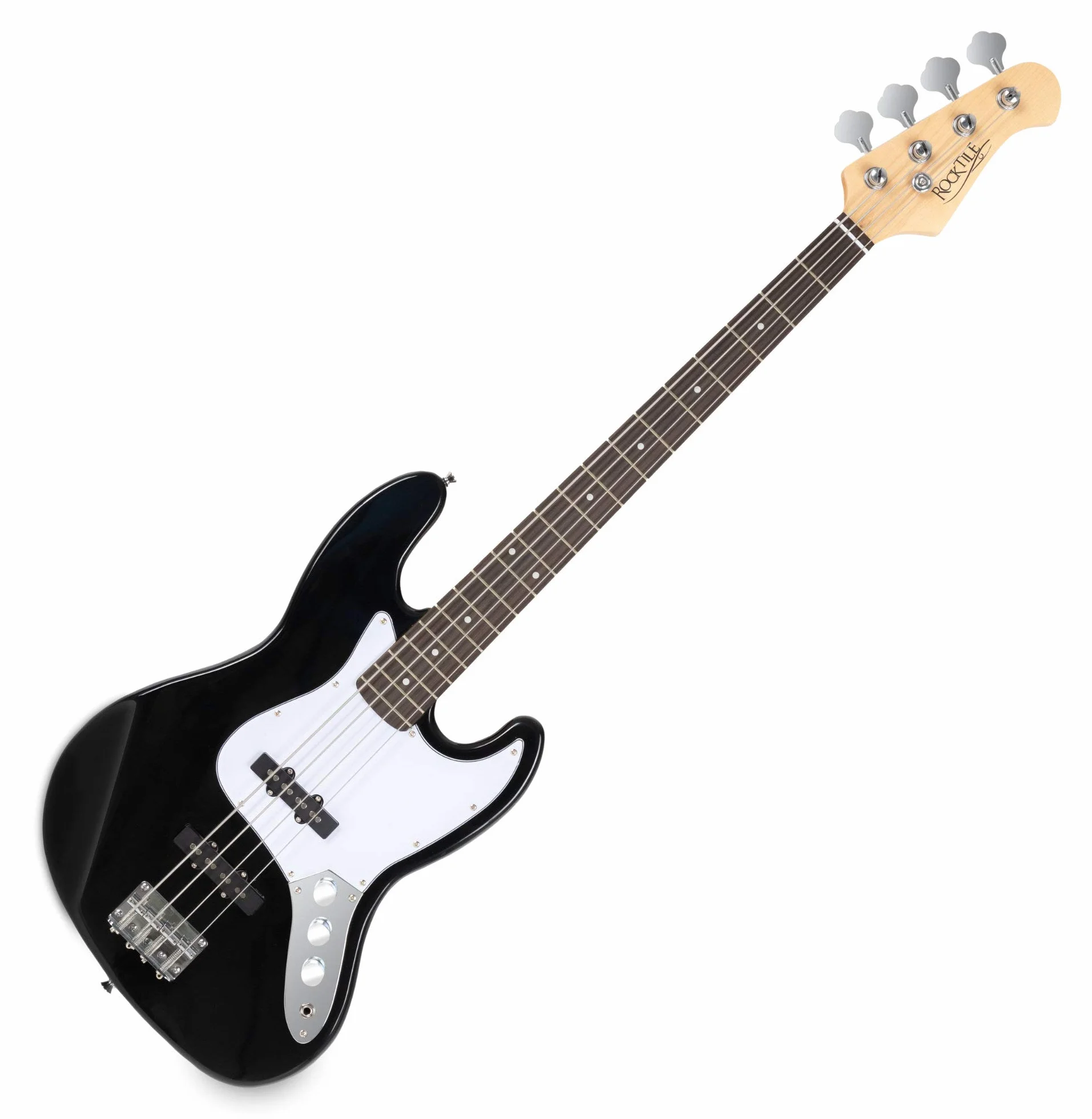 Rocktile Fatboy II BK Bajo Eléctrico Negro, Bajo eléctrico estilo Jazz | 2 pastillas Single Coil, 2 controles de volumen/1 control de tono, Cuerpo: Tilo, Mástil: Arce (sin tratar), Herrajes cromados