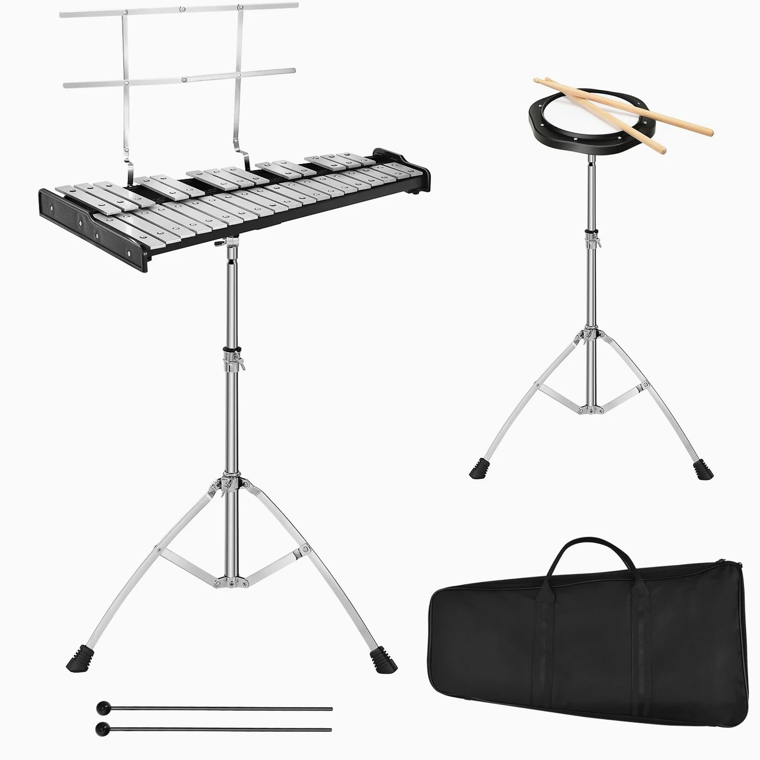 KOMFOTTEU Xilófono de 30/32 Notas, Glockenspiel con Soporte de Altura Ajustable, Carrillón con Mazos, Baquetas, Atril, Bolsa de Transporte, Instrumento de Percusión para Niños y Adultos (32 notas)