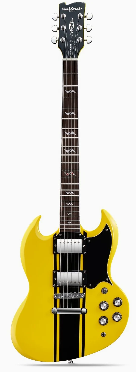 WestCreek Guitars RACER Guitarra Eléctrica, Electric Guitar de cuerpo sólido doble corte, Cuerpo de Caoba, diapasón de Palisandro, Mástil Arce, Cejuela de Hueso, 22 Trastes