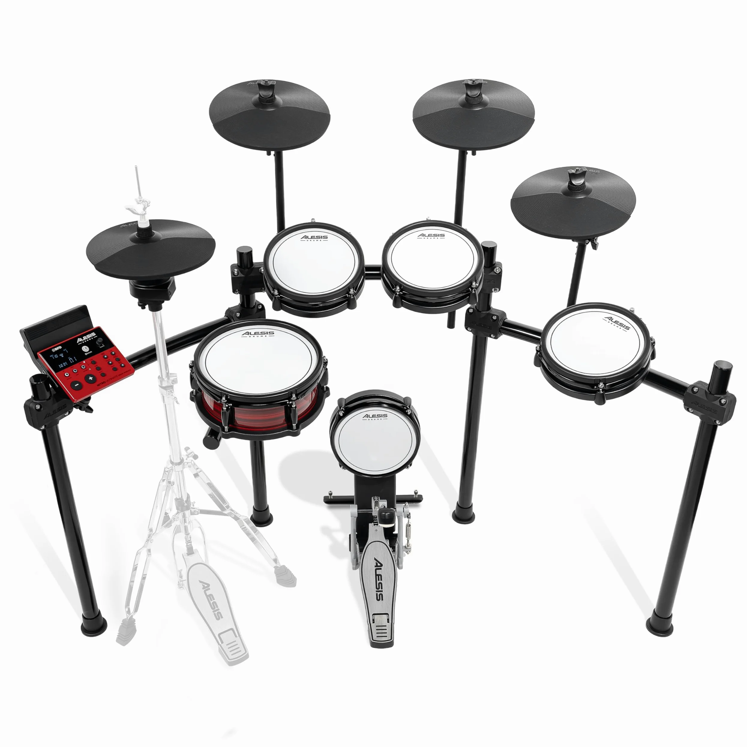 Alesis Nitro Ultimate Batería Electrónica con Pads de Malla de Doble Zona, Hi-Hat Independiente, 640 Sonidos BFD Auténticos y 52 kits, Bluetooth, Drumeo, USB MIDI, Compatible con Doble Bombo | 52 kits, 640 sonidos Plus, audio Bluetooth, Hi-Hat montado en