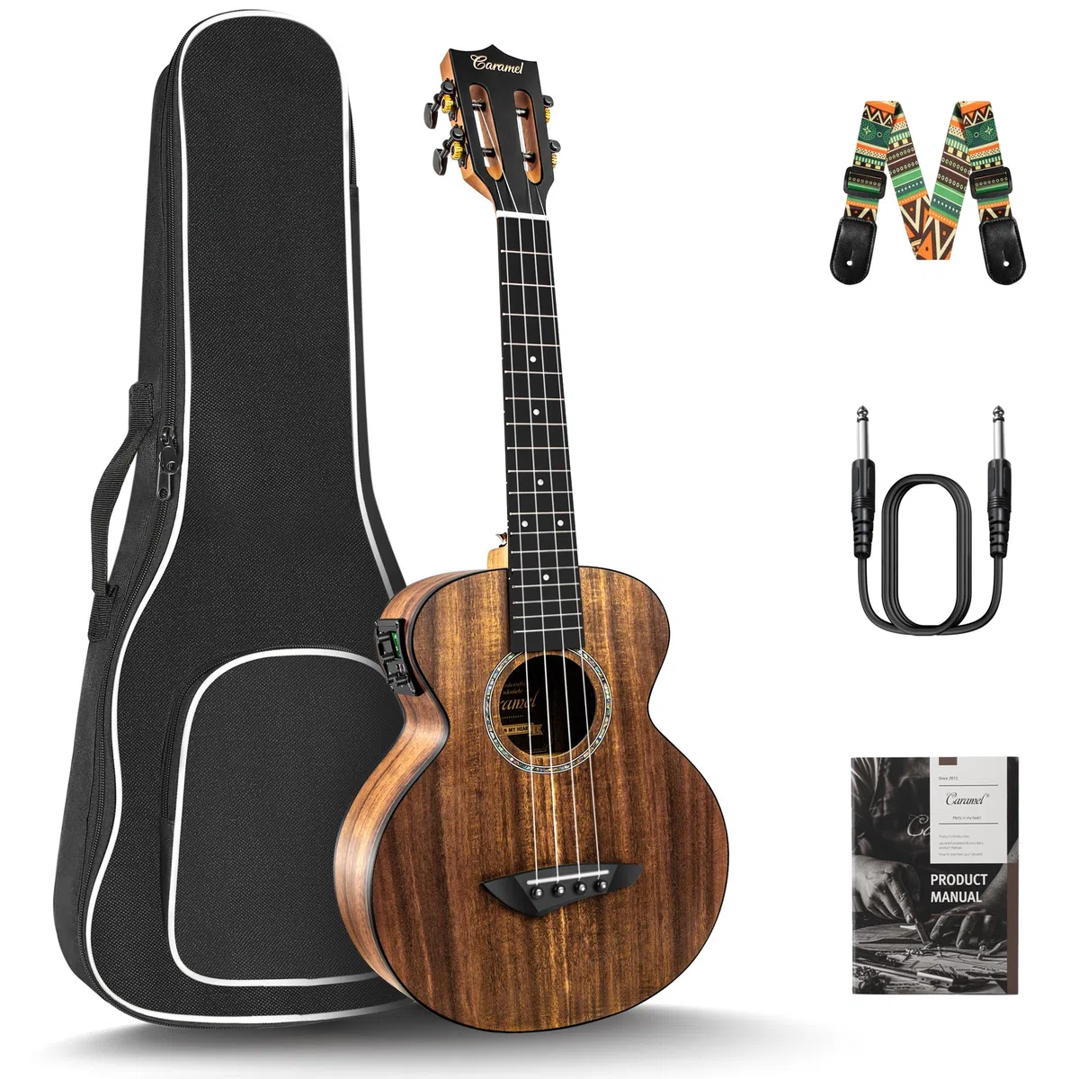 Caramel CT204 - Ukelele acacia tenor acústico y eléctrico con cuerdas adicionales, bolsa acolchada, correa y cable ecualizador