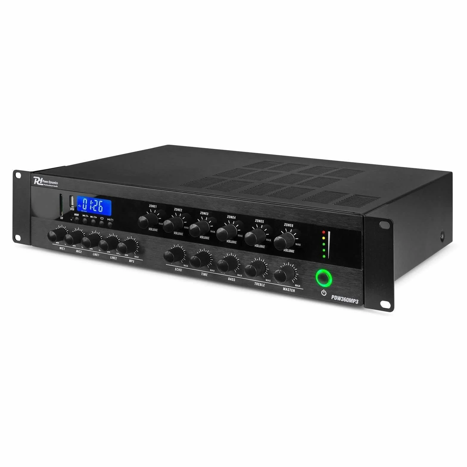 Power Dynamics PDW360MP3 - Amplificador, Mezclador, Amplificador de 6 Zonas, 360 vatios, Bluetooth, MP3, línea de 100 V, entradas RCA, Entrada de micrófono, EQ de 3 Bandas, Amplificador Multi-Zona