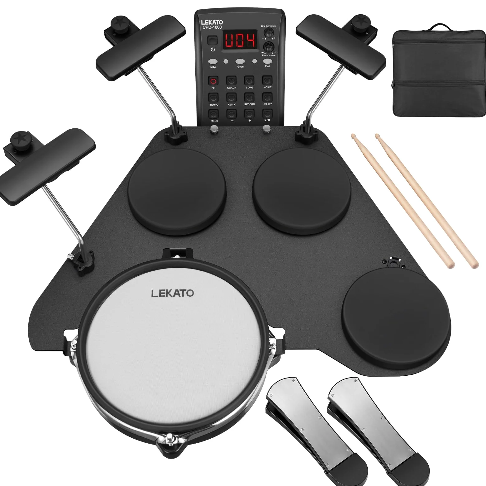 LEKATO Batería electrónica con almohadillas de malla silenciosas, kit de batería eléctrica portátil CPD-1000, más de 20 sonidos, USB MIDI, 2 pedales mejorados, palos, bolsa de viaje