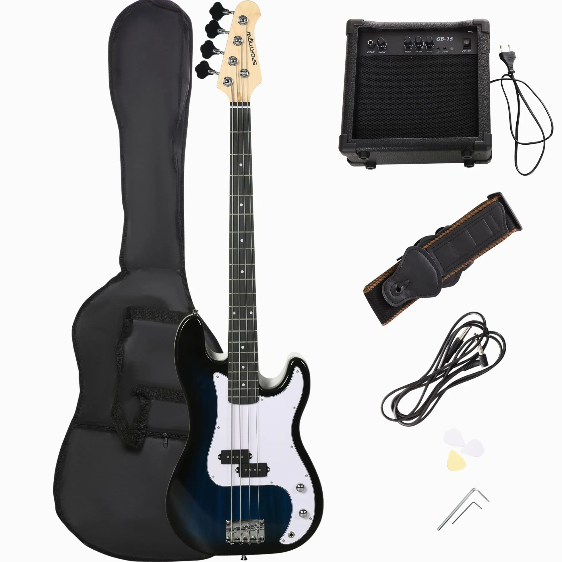 SPORTNOW Guitarra Bajo Eléctrico de 4 Cuerdas con Amplificador de 15W, Bolsa, Correa y Púas, Azul Oscuro | Bandolera, Púas