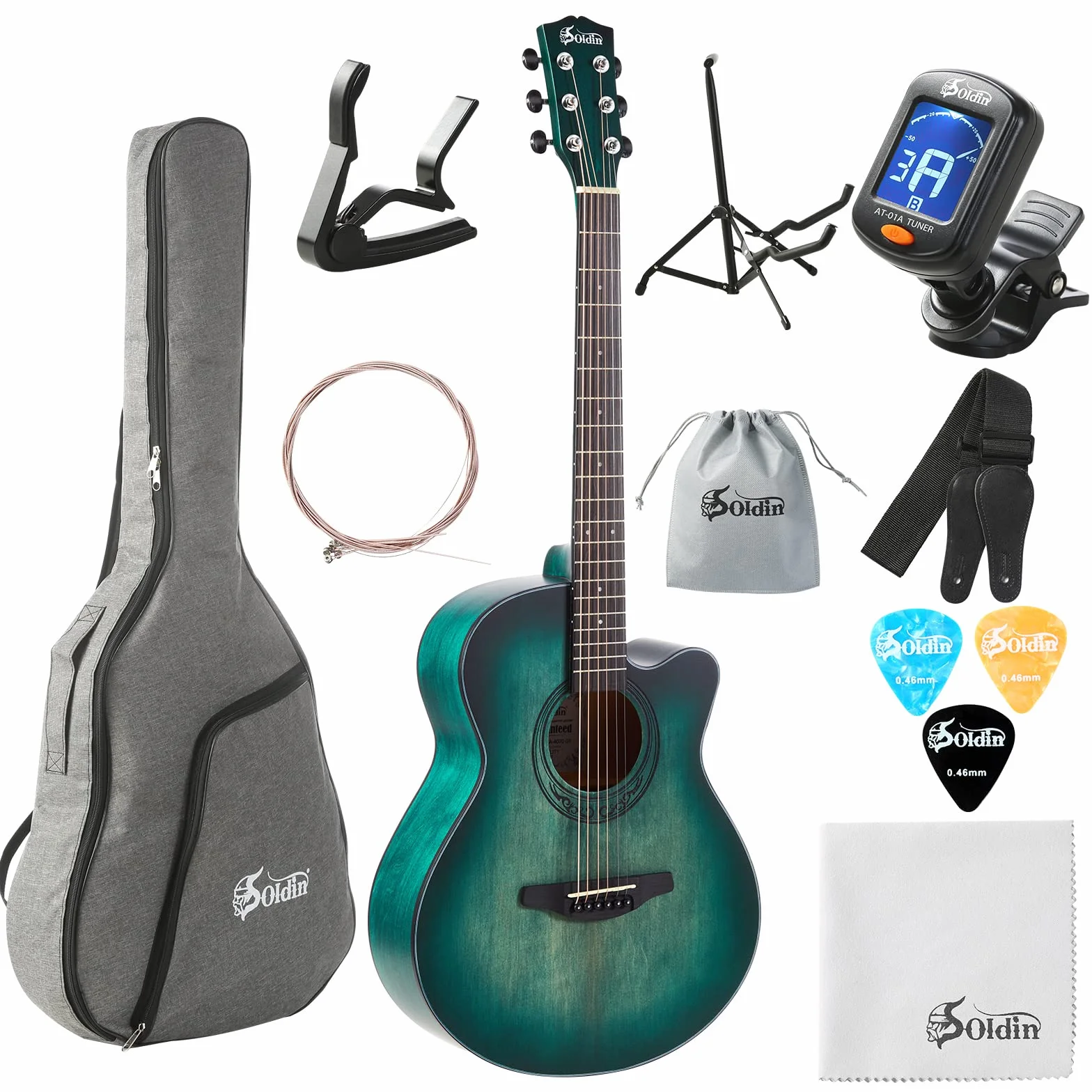 Guitarra acústica de 40 pulgadas Premium Spruce Top Cutway Acustica Guitarra Bundle kit con funda,soporte de guitarra,sintonizador,correa,capo,cuerdas,paño de limpieza y púas (Azul Nilo)