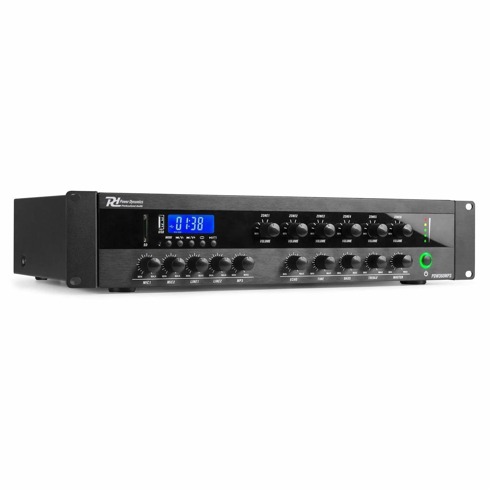 Power Dynamics PDW360MP3 - Amplificador, Mezclador, Amplificador de 6 Zonas, 360 vatios, Bluetooth, MP3, línea de 100 V, entradas RCA, Entrada de micrófono, EQ de 3 Bandas, Amplificador Multi-Zona
