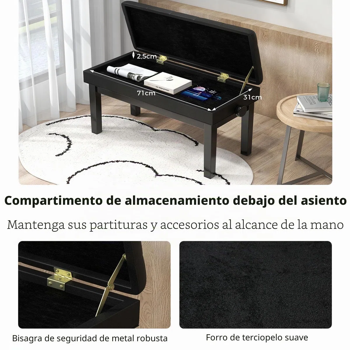 LIFEZEAL Taburete Doble para Piano, Banco de Piano de Altura Ajustable, Banqueta de Piano con Caja de Almacenamiento Oculto, Asiento de Piano de Piel sintética, Marco de Madera Maciza, Negro