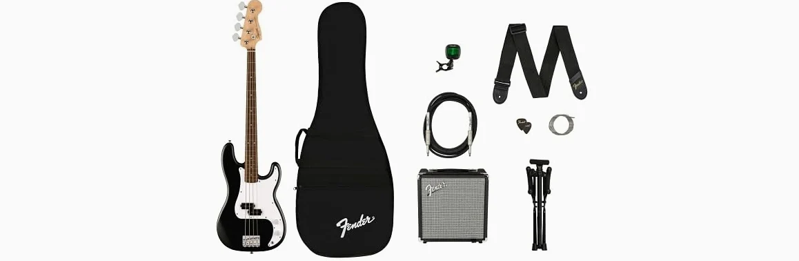 Squier by Fender Debut Collection Precision Bass Kit. Accesorios incluidos: - Soporte - Amplificador Rumble 15 - Correa - Bajo - Afinador FT-1