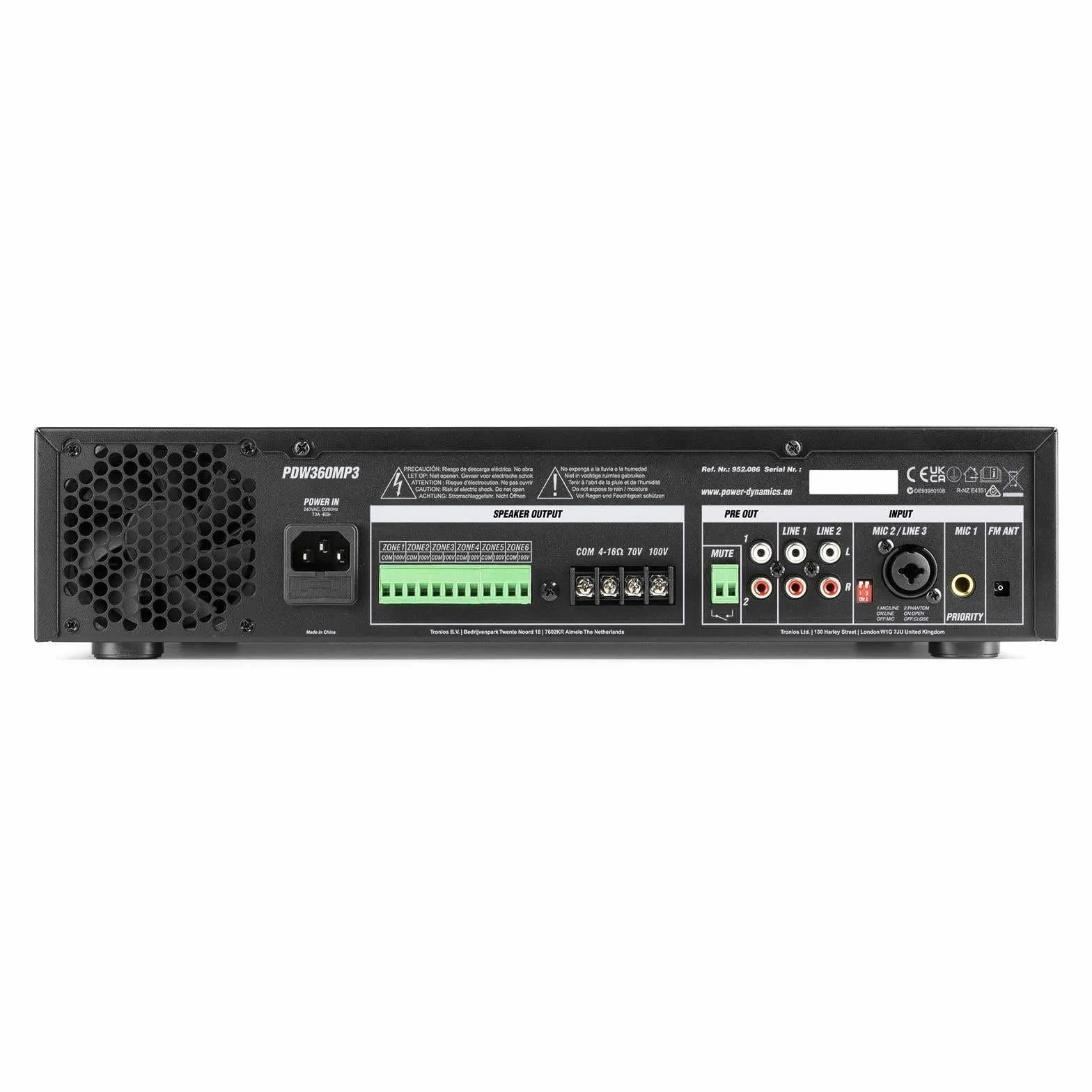 Power Dynamics PDW360MP3 - Amplificador, Mezclador, Amplificador de 6 Zonas, 360 vatios, Bluetooth, MP3, línea de 100 V, entradas RCA, Entrada de micrófono, EQ de 3 Bandas, Amplificador Multi-Zona