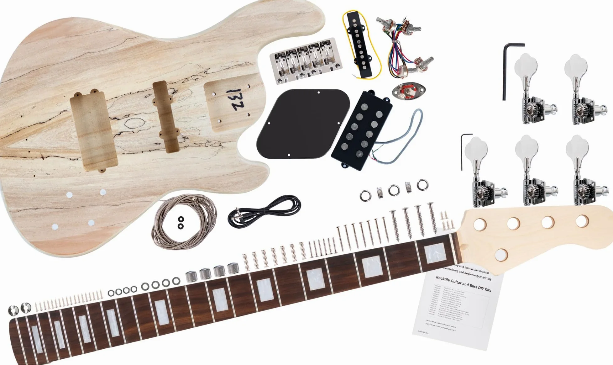 Rocktile Kit De Bajo Eléctrico JBH5-Style, Cuerpo: Paulownia, 1x Humbucker | Kit "Do-it-yourself" para bajo eléctrico, Mástil: arce atornillado, Diapasón: palisandro, Pastillas: 1x Single Coil, Peso: 4